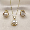 Oro Laminado Earring and Pendant Adult Set, Gold Filled Style Flower Design, with Ivory Pearl and White Micro Pave, Polished, Golden Finish, 10.379.0111