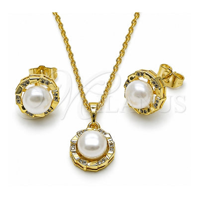 Oro Laminado Earring and Pendant Adult Set, Gold Filled Style Flower Design, with Ivory Pearl and White Micro Pave, Polished, Golden Finish, 10.379.0111