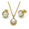 Oro Laminado Earring and Pendant Adult Set, Gold Filled Style Flower Design, with Ivory Pearl and White Micro Pave, Polished, Golden Finish, 10.379.0111