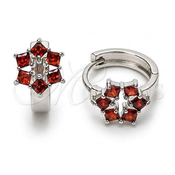 White Gold Filled Huggie Hoop, Cluster Design, with Garnet Cubic Zirconia, Polished, Rhodium Finish, 02.210.0878.2.16