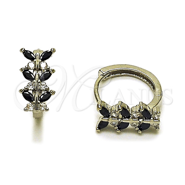 White Gold Filled Hoop Earrings — Huggie Hoop Butterfly Design with Black and White — main product view — SKU 165066 | Oro Laminado Blanco aretes de aro — Huggie Hoop mariposa diseño with negro and blanco — SKU 165066