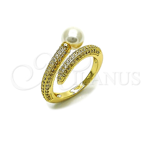 Oro Laminado Multi Stone Ring, Gold Filled Style Nail and Ball Design, with Ivory Pearl and White Micro Pave, Polished, Golden Finish, 01.438.0004.1 (One size fits all)