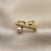 Oro Laminado Multi Stone Ring, Gold Filled Style Ball Design, with White Micro Pave and Ivory Pearl, Polished, Golden Finish, 01.438.0005.1 (One size fits all)