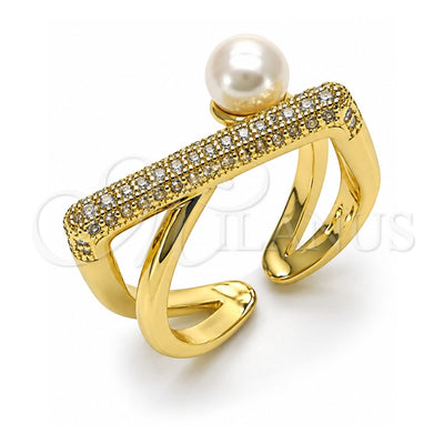 Oro Laminado Multi Stone Ring, Gold Filled Style Ball Design, with White Micro Pave and Ivory Pearl, Polished, Golden Finish, 01.438.0005.1 (One size fits all)