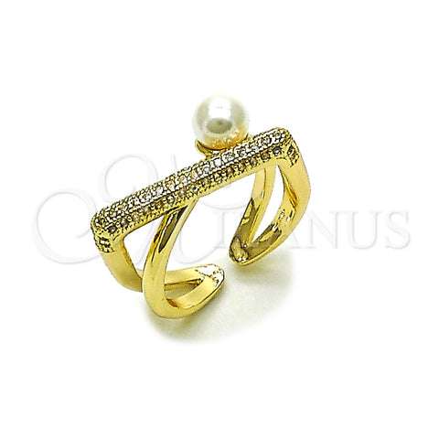 Oro Laminado Multi Stone Ring, Gold Filled Style Ball Design, with White Micro Pave and Ivory Pearl, Polished, Golden Finish, 01.438.0005.1 (One size fits all)