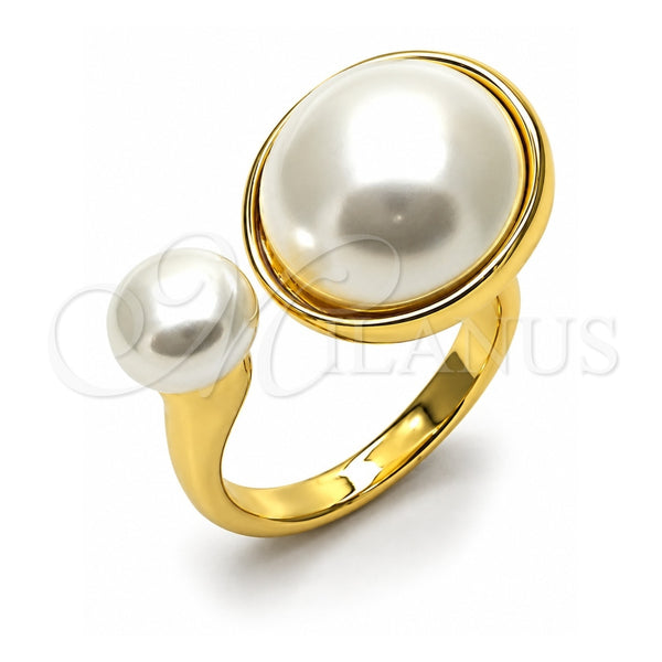 Oro Laminado Multi Stone Ring, Gold Filled Style Ball Design, with Ivory Pearl, Polished, Golden Finish, 01.438.0006.1 (One size fits all)