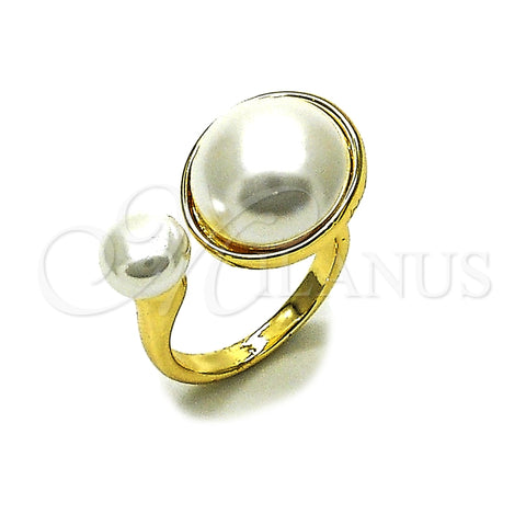 Oro Laminado Multi Stone Ring, Gold Filled Style Ball Design, with Ivory Pearl, Polished, Golden Finish, 01.438.0006.1 (One size fits all)