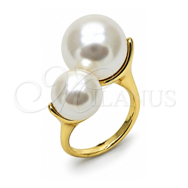 Oro Laminado Multi Stone Ring, Gold Filled Style Ball Design, with Ivory Pearl, Polished, Golden Finish, 01.438.0007.1 (One size fits all)