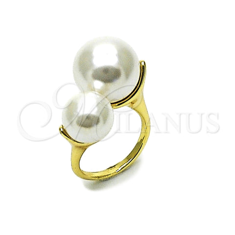 Oro Laminado Multi Stone Ring, Gold Filled Style Ball Design, with Ivory Pearl, Polished, Golden Finish, 01.438.0007.1 (One size fits all)