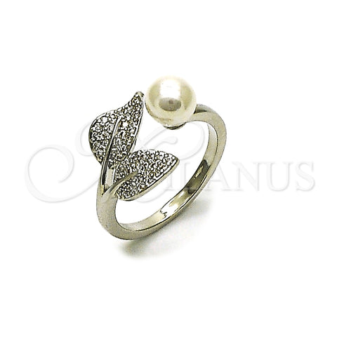 Rhodium Gold Filled Multi Stone Ring, Cherry Design, with Ivory Pearl and White Micro Pave, Polished, Rhodium Finish, 01.438.0013 (One size fits all)