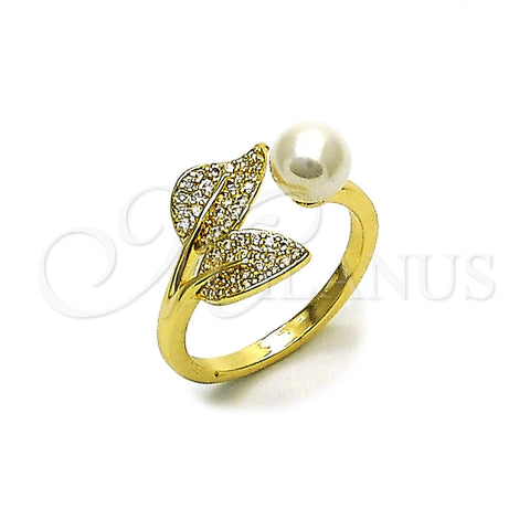 Oro Laminado Multi Stone Ring, Gold Filled Style Cherry Design, with Ivory Pearl and White Micro Pave, Polished, Golden Finish, 01.438.0013.1 (One size fits all)