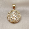 Oro Laminado Fancy Pendant, Gold Filled Style Money Sign Design, with White Cubic Zirconia, Polished, Golden Finish, 05.342.0238