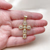 Oro Laminado Religious Pendant, Gold Filled Style Cross and Cluster Design, with White Cubic Zirconia and White Micro Pave, Polished, Golden Finish, 05.342.0244