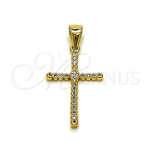 Oro Laminado Religious Pendant, Gold Filled Style Cross Design, with White Cubic Zirconia, Polished, Golden Finish, 05.342.0245