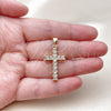 Oro Laminado Religious Pendant, Gold Filled Style Cross Design, with White Cubic Zirconia, Polished, Golden Finish, 05.342.0249
