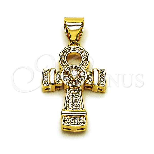 Oro Laminado Love Link Pendant, Gold Filled Style Cross and Baguette Design, with White Cubic Zirconia and White Micro Pave, Polished, Golden Finish, 05.342.0252