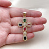 Oro Laminado Religious Pendant, Gold Filled Style Cross and Cluster Design, with Multicolor Cubic Zirconia and White Micro Pave, Polished, Golden Finish, 05.342.0254