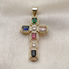 Oro Laminado Religious Pendant, Gold Filled Style Cross and Cluster Design, with Multicolor Cubic Zirconia and White Micro Pave, Polished, Golden Finish, 05.342.0254