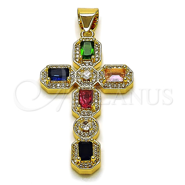 Oro Laminado Religious Pendant, Gold Filled Style Cross and Cluster Design, with Multicolor Cubic Zirconia and White Micro Pave, Polished, Golden Finish, 05.342.0254