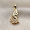 Oro Laminado Fancy Pendant, Gold Filled Style Praying Hands Design, with White Cubic Zirconia, Polished, Golden Finish, 05.342.0272