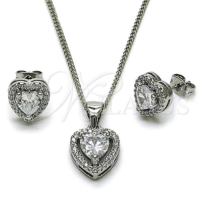 White Gold Filled Earring and Pendant Adult Set, Heart and Cluster Design, with White Cubic Zirconia, Polished, Rhodium Finish, 10.342.0283