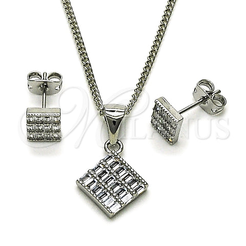 Rhodium Gold Filled Earring and Pendant Adult Set, Baguette Design, with White Cubic Zirconia, Polished, Rhodium Finish, 10.342.0285