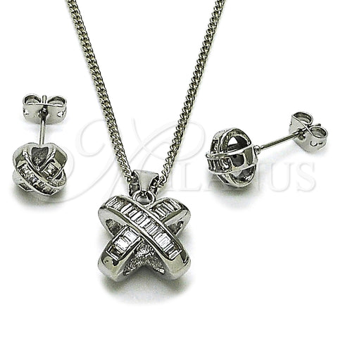 Rhodium Gold Filled Earring and Pendant Adult Set, Baguette and Love Knot Design, with White Cubic Zirconia, Polished, Rhodium Finish, 10.342.0223.1
