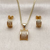 Oro Laminado Earring and Pendant Adult Set, Gold Filled Style with White Micro Pave, Polished, Golden Finish, 10.342.0295