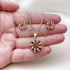 Oro Laminado Earring and Pendant Adult Set, Gold Filled Style Flower Design, with Multicolor Cubic Zirconia and White Micro Pave, Polished, Golden Finish, 10.342.0309