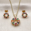 Oro Laminado Earring and Pendant Adult Set, Gold Filled Style Flower Design, with Multicolor Cubic Zirconia and White Micro Pave, Polished, Golden Finish, 10.342.0309