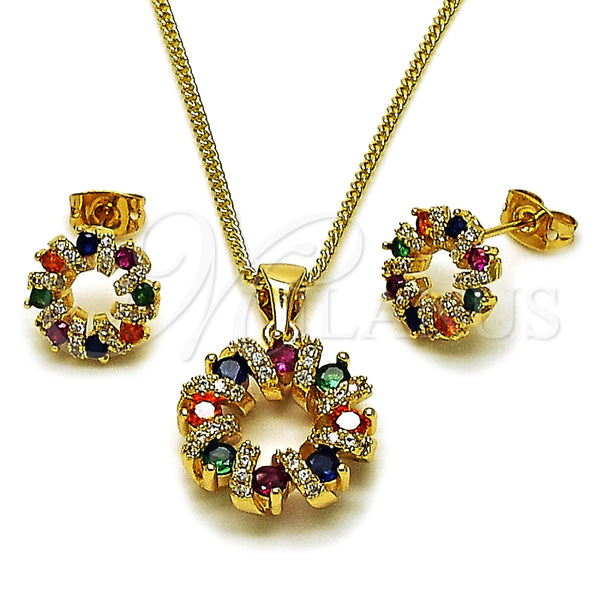 Oro Laminado Earring and Pendant Adult Set, Gold Filled Style Flower Design, with Multicolor Cubic Zirconia and White Micro Pave, Polished, Golden Finish, 10.342.0309
