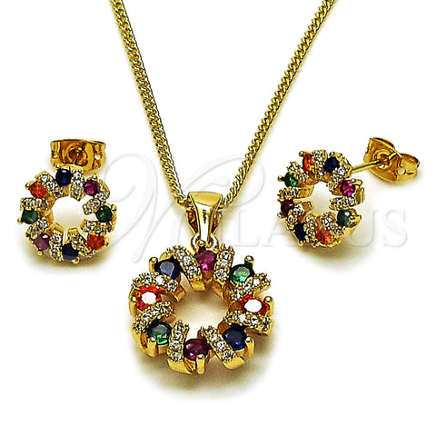 Oro Laminado Earring and Pendant Adult Set, Gold Filled Style Flower Design, with Multicolor Cubic Zirconia and White Micro Pave, Polished, Golden Finish, 10.342.0309