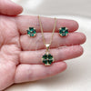 Oro Laminado Earring and Pendant Adult Set, Gold Filled Style Four-leaf Clover and Heart Design, with Green and White Cubic Zirconia, Polished, Golden Finish, 10.342.0310
