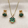 Oro Laminado Earring and Pendant Adult Set, Gold Filled Style Four-leaf Clover and Heart Design, with Green and White Cubic Zirconia, Polished, Golden Finish, 10.342.0310