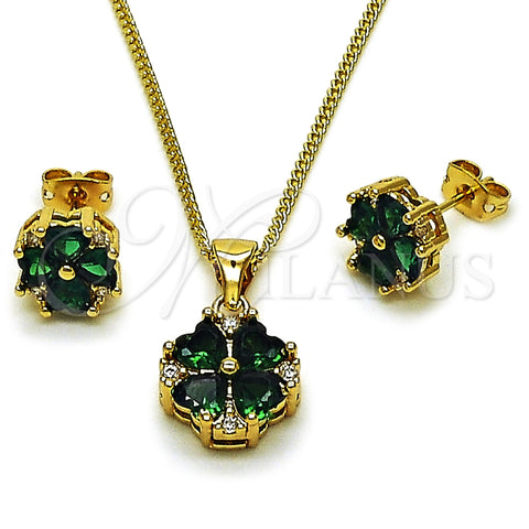Oro Laminado Earring and Pendant Adult Set, Gold Filled Style Four-leaf Clover and Heart Design, with Green and White Cubic Zirconia, Polished, Golden Finish, 10.342.0310
