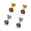 Oro Laminado Stud Earring, Gold Filled Style Four-leaf Clover Design, with Multicolor Cubic Zirconia and White Micro Pave, Polished, Golden Finish, 02.342.0389