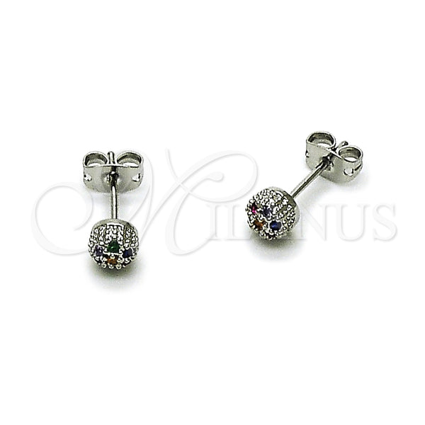 White Gold Filled Ring — Stud Earring Ball Design with Multicolor Micro Pave — main product view — SKU 165219 | Oro Laminado Blanco anillo — Stud Earring Ball diseño with Multicolor Micro Pave — SKU 165219