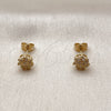 Oro Laminado Stud Earring, Gold Filled Style Flower Design, with White Micro Pave, Polished, Golden Finish, 02.342.0394