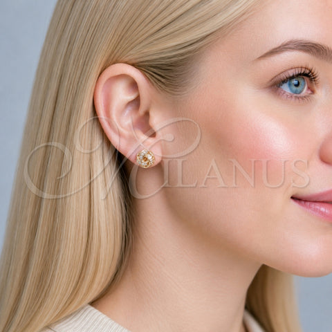 Oro Laminado Stud Earring, Gold Filled Style Love Knot and Ball Design, with White Micro Pave, Polished, Golden Finish, 02.342.0395
