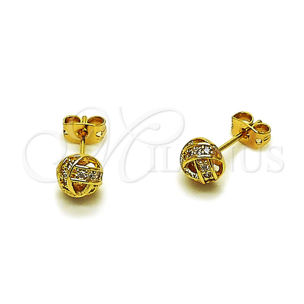 Oro Laminado Stud Earring, Gold Filled Style Love Knot and Ball Design, with White Micro Pave, Polished, Golden Finish, 02.342.0395