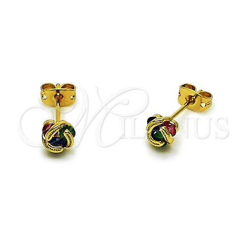Oro Laminado Stud Earring, Gold Filled Style Love Knot Design, with Multicolor Cubic Zirconia, Polished, Golden Finish, 02.342.0396