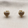 Oro Laminado Stud Earring, Gold Filled Style Heart Design, with White Micro Pave, Polished, Golden Finish, 02.342.0400