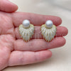 Oro Laminado Stud Earring, Gold Filled Style Flower and Ball Design, with Ivory Pearl and White Cubic Zirconia, Polished, Golden Finish, 02.436.0052