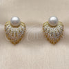Oro Laminado Stud Earring, Gold Filled Style Flower and Ball Design, with Ivory Pearl and White Cubic Zirconia, Polished, Golden Finish, 02.436.0052