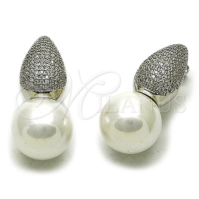 Rhodium Gold Filled Stud Earring, Ball and Teardrop Design, with Ivory Mother of Pearl and White Cubic Zirconia, Polished, Rhodium Finish, 02.436.0053.1