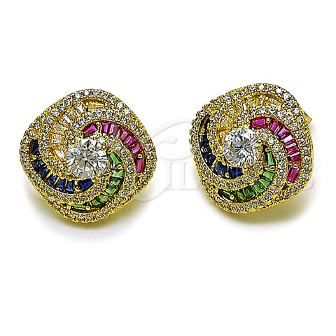 Oro Laminado Stud Earring, Gold Filled Style Baguette Design, with Multicolor Cubic Zirconia and White Micro Pave, Polished, Golden Finish, 02.436.0055
