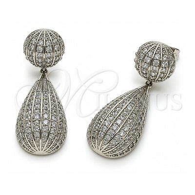 White Gold Filled Dangle Earring, Teardrop and Ball Design, with White Cubic Zirconia, Polished, Rhodium Finish, 02.436.0056.1