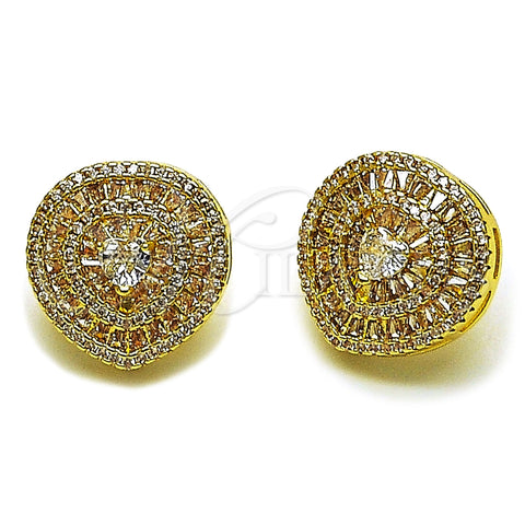 Oro Laminado Stud Earring, Gold Filled Style Heart and Baguette Design, with White Cubic Zirconia and White Micro Pave, Polished, Golden Finish, 02.465.0001