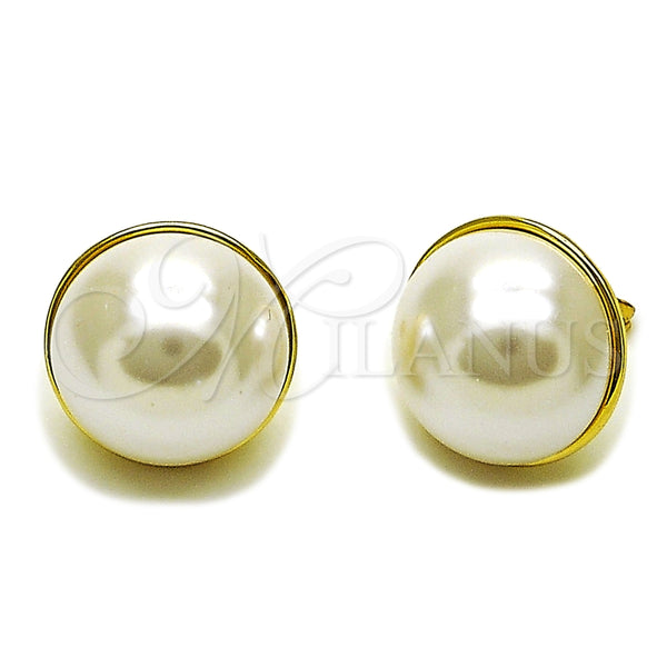 Oro Laminado Stud Earring, Gold Filled Style Ball Design, with Ivory Pearl, Polished, Golden Finish, 02.465.0010