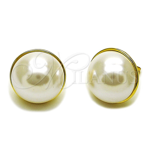 Oro Laminado Stud Earring, Gold Filled Style Ball Design, with Ivory Pearl, Polished, Golden Finish, 02.465.0010